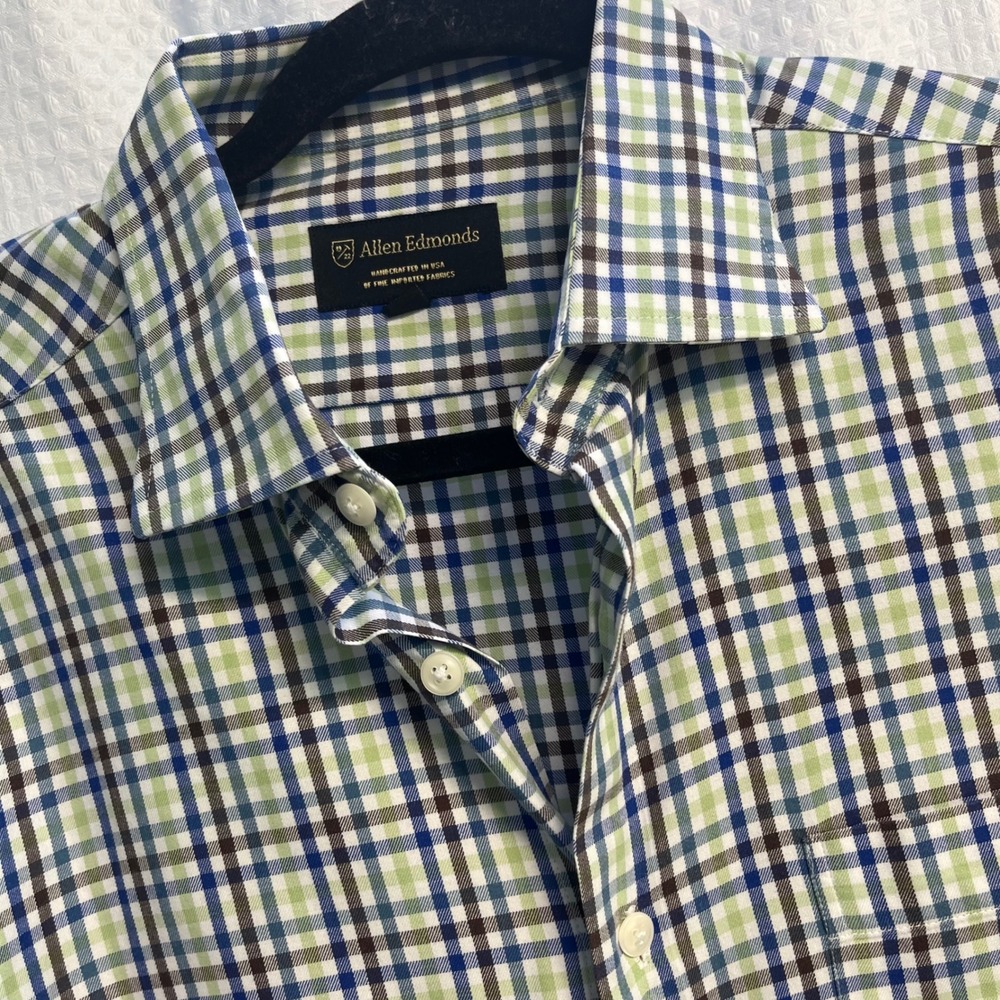 Allen Edmonds Mens Check Button Down Shirt Blue Green Plaid Made in USA Large
